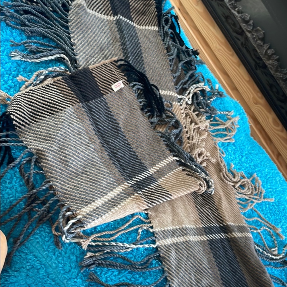 Echo Plaid Fringe Scarf in Brown Blue and Cream